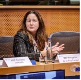 A woman with long brown hair sits at a conference table, gesturing with her hands. She is wearing a checked blazer, and a microphone, a nameplate, and a water bottle are on the table in front of her.